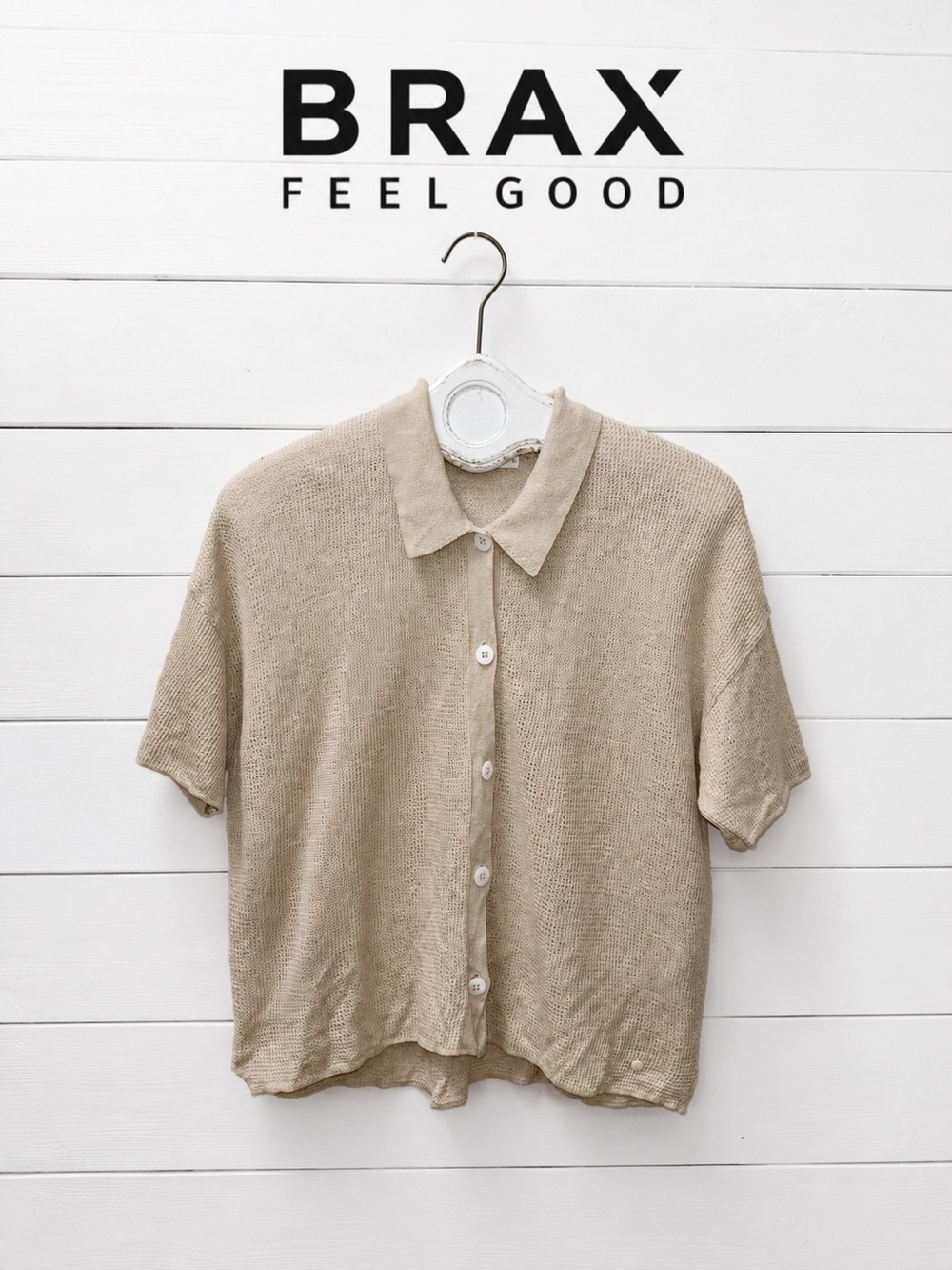 BRAX Linen-Look Knit Button Top – Beige – Size 42